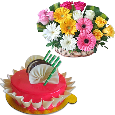 "Strawberry gel cake - 1kg, Basket of 16 Assorted Roses N Gerberas - Click here to View more details about this Product